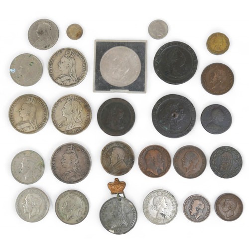 89 - A collection of assorted Georgian and later coinage and tokens, including four Victorian crowns. (26... 