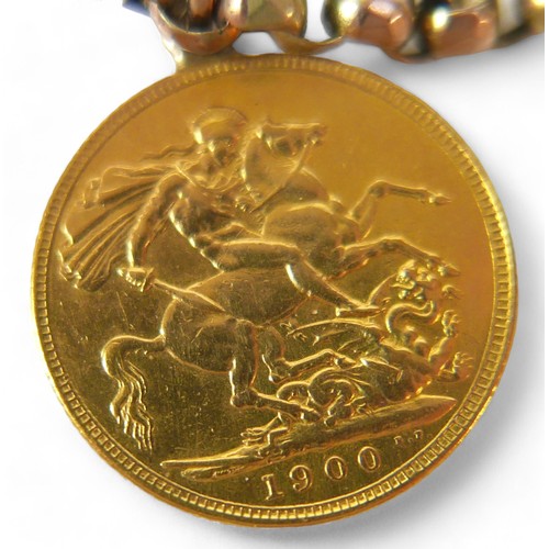 50 - A 9ct yellow gold chain with a Victoria gold sovereign and two half sovereigns, dated 1900, 1899 and... 