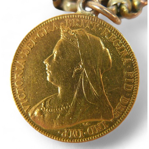 50 - A 9ct yellow gold chain with a Victoria gold sovereign and two half sovereigns, dated 1900, 1899 and... 