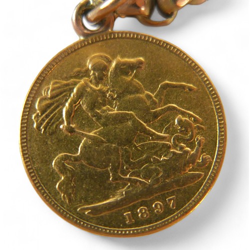 50 - A 9ct yellow gold chain with a Victoria gold sovereign and two half sovereigns, dated 1900, 1899 and... 