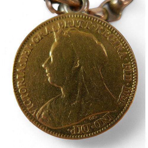 50 - A 9ct yellow gold chain with a Victoria gold sovereign and two half sovereigns, dated 1900, 1899 and... 