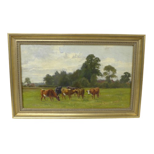 301 - H. T. Hunt (British, fl. 1890-1910): cows in a meadow, oil on canvas, signed lower right, in a gilt ... 