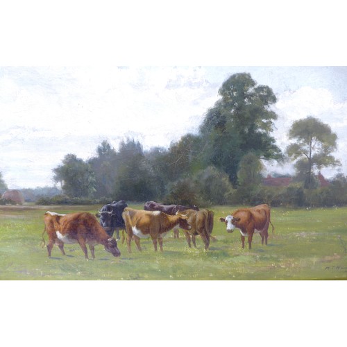 301 - H. T. Hunt (British, fl. 1890-1910): cows in a meadow, oil on canvas, signed lower right, in a gilt ... 