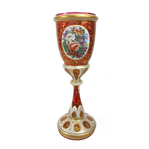 192 - A late 19th early 20th century Bohemian overlay glass goblet vase, 12 by 36cm high.