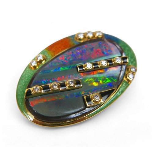 1 - An 18ct gold, guilloche enamel, opal and diamond brooch, designed by Ivor Gordon, of oval form set w... 