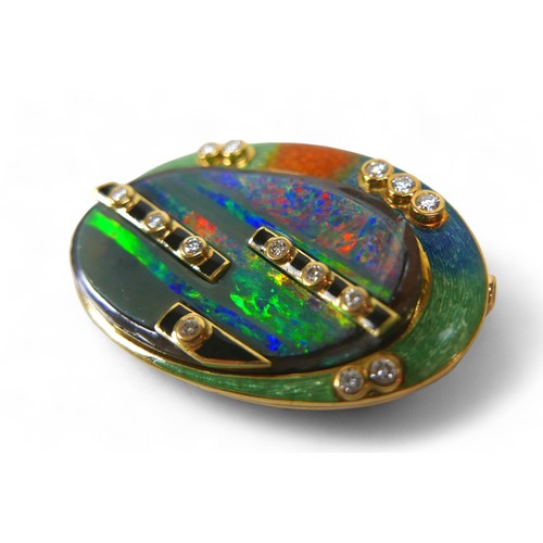 1 - An 18ct gold, guilloche enamel, opal and diamond brooch, designed by Ivor Gordon, of oval form set w... 