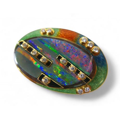 1 - An 18ct gold, guilloche enamel, opal and diamond brooch, designed by Ivor Gordon, of oval form set w... 