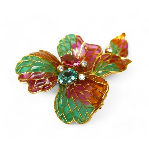 2 - An 18ct yellow gold plique-à-jour enamel brooch, designed by Ivor Gordon, set with four brilliant cu... 