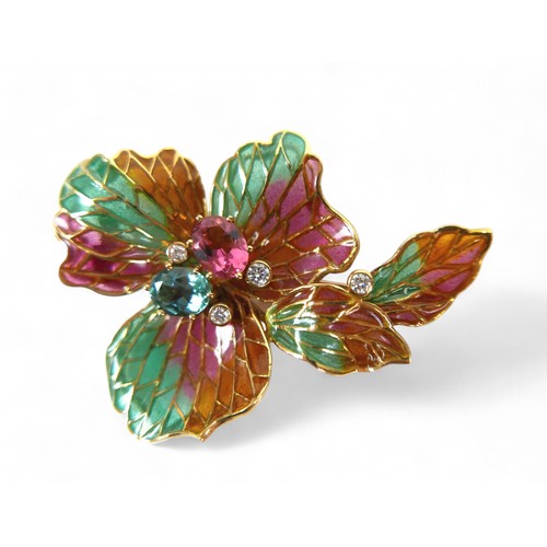 2 - An 18ct yellow gold plique-à-jour enamel brooch, designed by Ivor Gordon, set with four brilliant cu... 