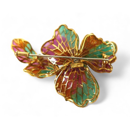 2 - An 18ct yellow gold plique-à-jour enamel brooch, designed by Ivor Gordon, set with four brilliant cu... 