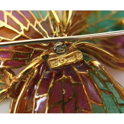 2 - An 18ct yellow gold plique-à-jour enamel brooch, designed by Ivor Gordon, set with four brilliant cu... 