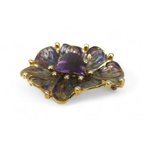 3 - An 18ct yellow gold plique-à-jour enamel brooch, designed by Ivor Gordon, set with a central amethys... 