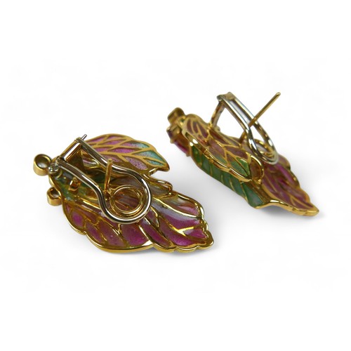 52 - A pair of 18ct yellow gold plique-à-jour enamel earrings, designed by Ivor Gordon, each set with an ... 