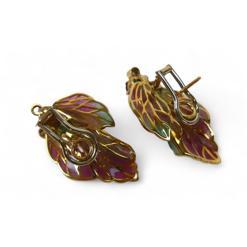 52 - A pair of 18ct yellow gold plique-à-jour enamel earrings, designed by Ivor Gordon, each set with an ... 