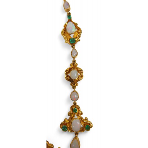 53 - A gilt metal opal and emerald drop pendant necklace, set with sixteen emeralds and sixteen opals, su... 