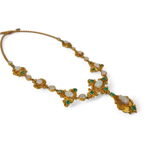 53 - A gilt metal opal and emerald drop pendant necklace, set with sixteen emeralds and sixteen opals, su... 