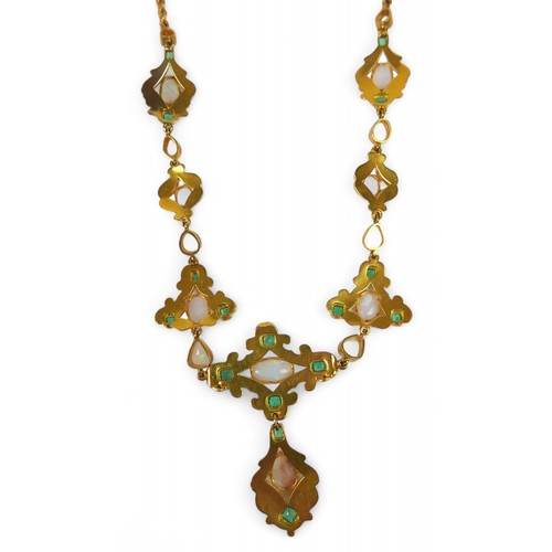 53 - A gilt metal opal and emerald drop pendant necklace, set with sixteen emeralds and sixteen opals, su... 