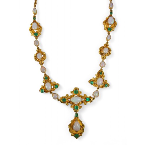 53 - A gilt metal opal and emerald drop pendant necklace, set with sixteen emeralds and sixteen opals, su... 