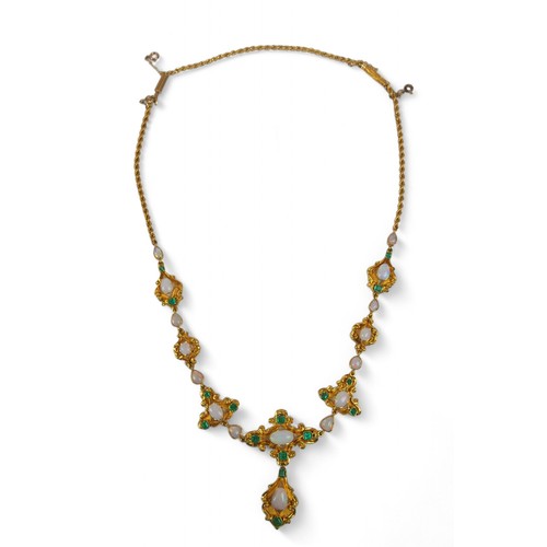 53 - A gilt metal opal and emerald drop pendant necklace, set with sixteen emeralds and sixteen opals, su... 