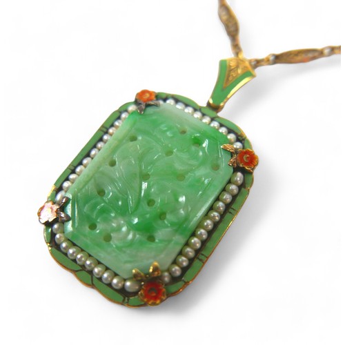 11 - A 14ct yellow gold mounted carved jade pendant with seed pearl and enamel border on a 14ct fancy lin... 