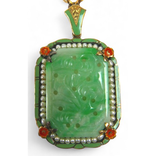 11 - A 14ct yellow gold mounted carved jade pendant with seed pearl and enamel border on a 14ct fancy lin... 