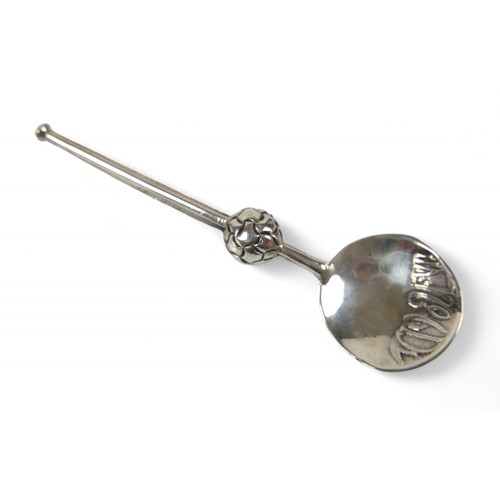 79 - An Arts & Crafts Liberty & Co. silver Coronation spoon, with tapered stem embellished with a lattice... 