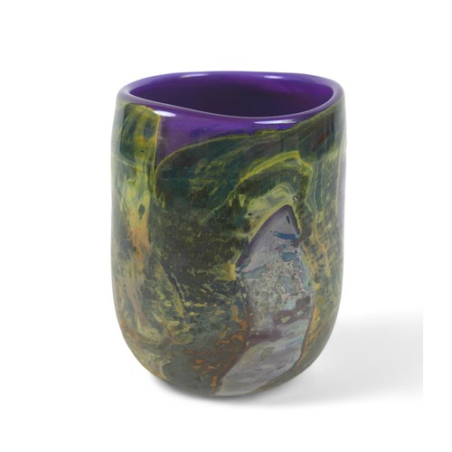 193 - A short studio art vase by Sam Herman (1936-2020), in purple, greens and iridescent blues, etched si... 