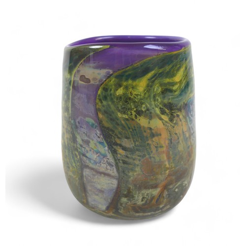 193 - A short studio art vase by Sam Herman (1936-2020), in purple, greens and iridescent blues, etched si... 