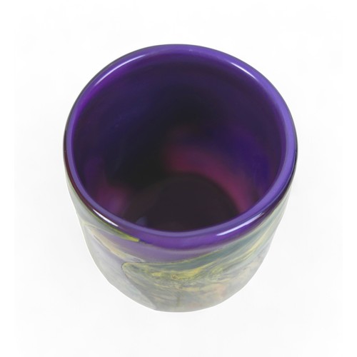 193 - A short studio art vase by Sam Herman (1936-2020), in purple, greens and iridescent blues, etched si... 