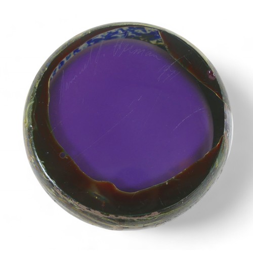 193 - A short studio art vase by Sam Herman (1936-2020), in purple, greens and iridescent blues, etched si... 