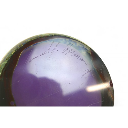 193 - A short studio art vase by Sam Herman (1936-2020), in purple, greens and iridescent blues, etched si... 