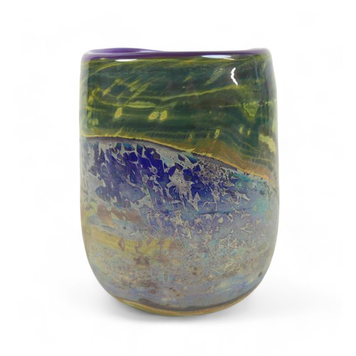 193 - A short studio art vase by Sam Herman (1936-2020), in purple, greens and iridescent blues, etched si... 