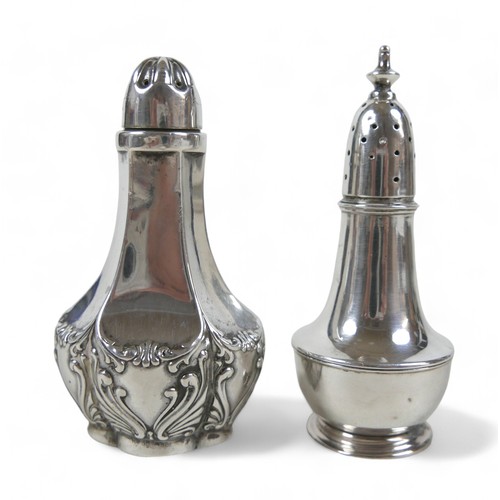 81 - A collection of four silver items, comprising a shaker, two peppers and a mustard, total silver weig... 