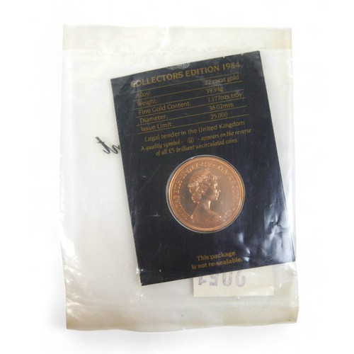 128 - An Elizabeth II 22ct gold uncirculated Royal Mint £5 coin dated 1984, 39.94g.