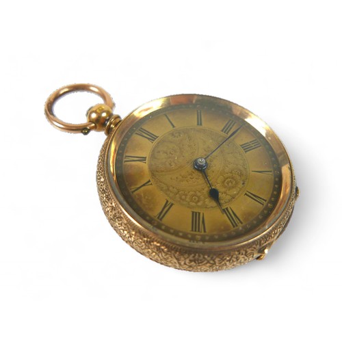 155 - An 18ct yellow gold open face pocket watch, 38mm case, base metal dust cover, movement marked C-TIN ... 