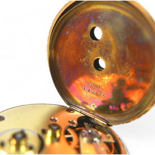 155 - An 18ct yellow gold open face pocket watch, 38mm case, base metal dust cover, movement marked C-TIN ... 