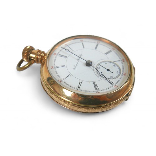 129 - A gold plated Hampden Watch Co top wind open faced pocket watch , with enamel secondary dial, 16 jew... 