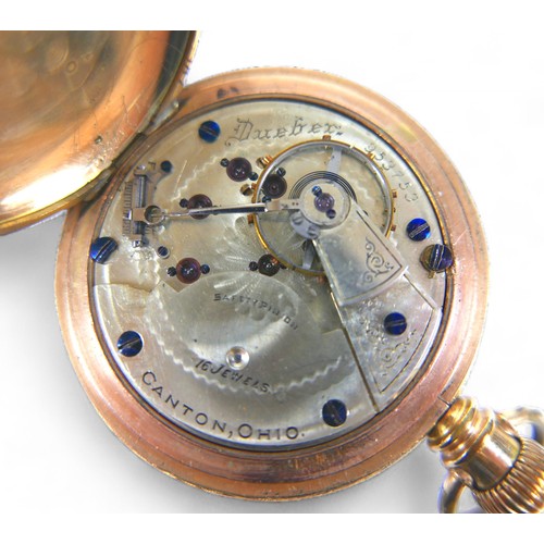 129 - A gold plated Hampden Watch Co top wind open faced pocket watch , with enamel secondary dial, 16 jew... 