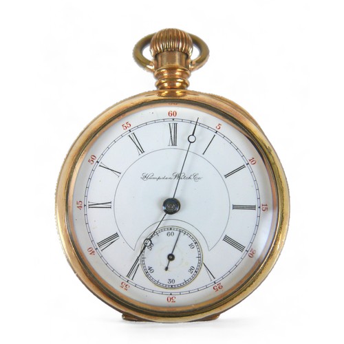 129 - A gold plated Hampden Watch Co top wind open faced pocket watch , with enamel secondary dial, 16 jew... 