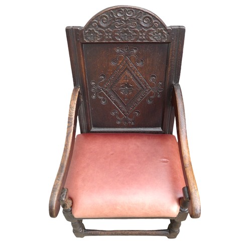 350 - A 17th century oak Wainscot chair, with red leather upholstered seat, 106 by 45 by 57cm.