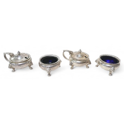 77 - Four ERII silver condiment pots, comprising two lidded mustard pot (each 9.5 by 7 by 5.5cm high) and... 