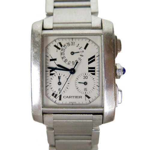 A Cartier Tank Francaise Chronoflex, rectangular dial, 20 by 25mm, serial number BB28939, with stainless steel case, cabochon crown, steel Cartier bracelet with butterfly clasp, and red Cartier case.