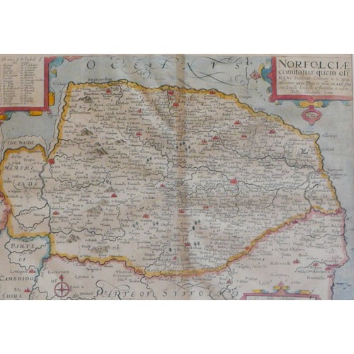 288 - After Christopher Saxton (1540-1610) and William Kip,(1585-1610): map of 'Norfolk', hand coloured, 2... 