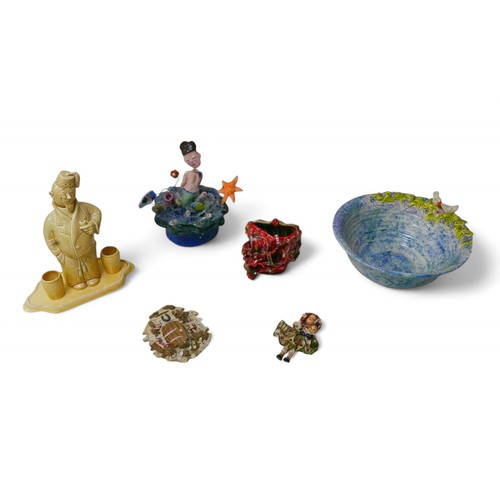 195A - Five pieces of Dorienne Carmel pottery, including a hand painted ceramic centre-piece of a boy playi... 