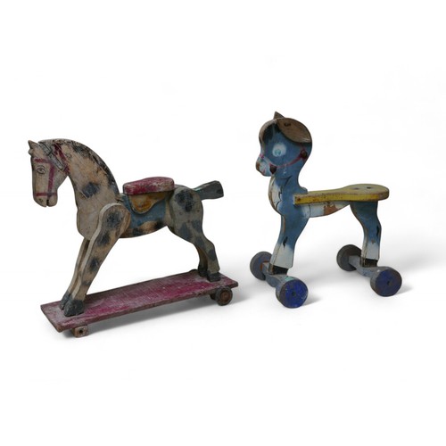 235A - Two hand painted shabby chic wooden horses, tallest 49cm high, a/f. (2)