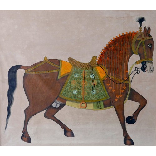 298 - Indian School (21st century): large study of a saddled horse, acrylic on canvas, unsigned, 117.5 by ... 