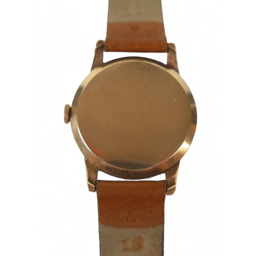 120 - A vintage Bravingtons Renown wristwatch with 9ct gold case, with golden Arabic and baton hour marker... 