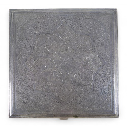 90 - A Persian white metal desk box, 18 by 18 by 4.5cm high, 806.3g/25.9toz.