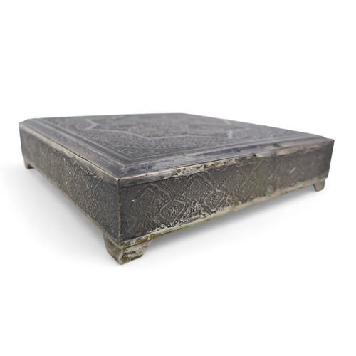 90 - A Persian white metal desk box, 18 by 18 by 4.5cm high, 806.3g/25.9toz.