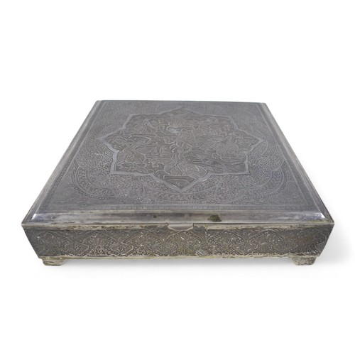 90 - A Persian white metal desk box, 18 by 18 by 4.5cm high, 806.3g/25.9toz.